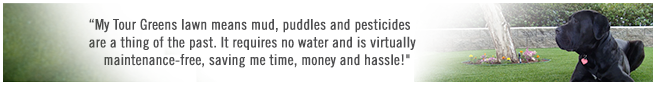 My Tour Greens lawn means mud, puddles and pesticides are a thing of the past. It requires no water and is virtually maintenance-free, saving me time, money and hassle!